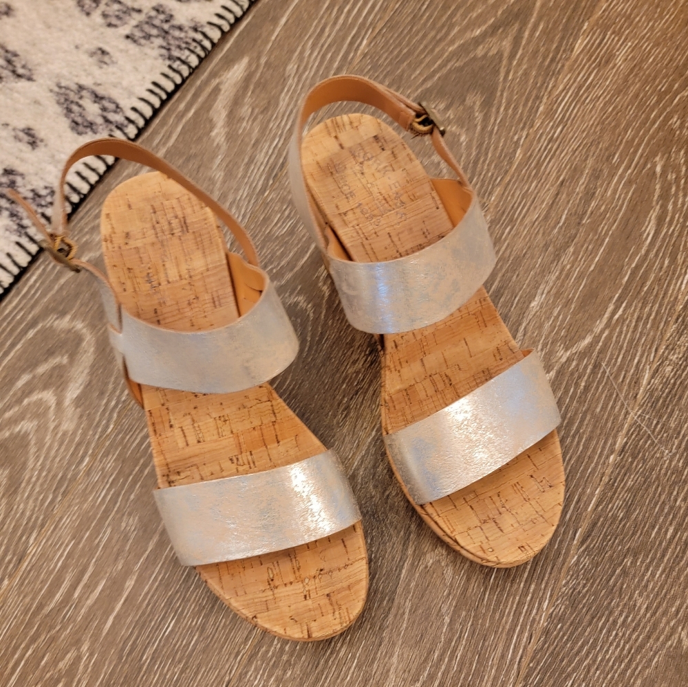 KORK EASE Silver and Gold Metallic Cork Wedges size 10 NWOB
